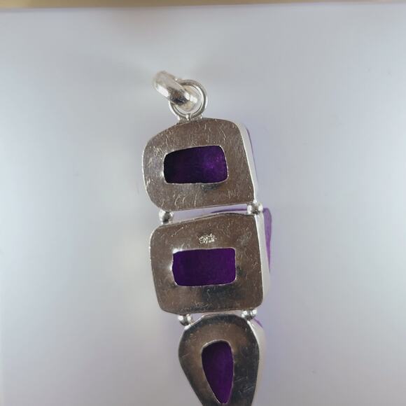 Purple Druzy Quartz Sterling Silver Pendant 2.5" Iridescent Triple Drop - Picture 8 of 13